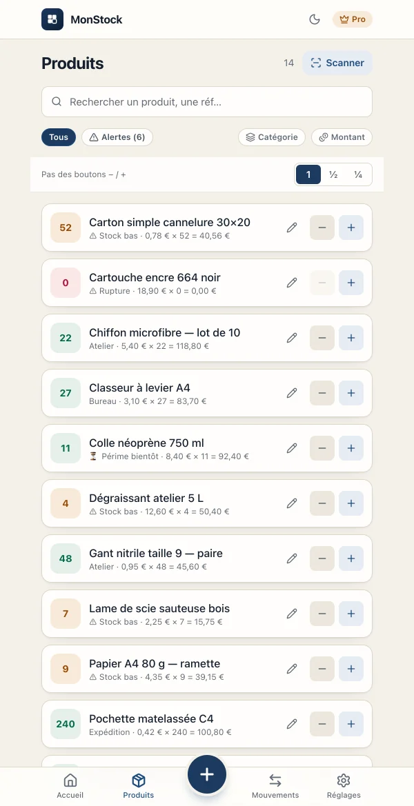 MonStock sur téléphone : la liste des produits avec leurs états, utilisable d'une main en réserve